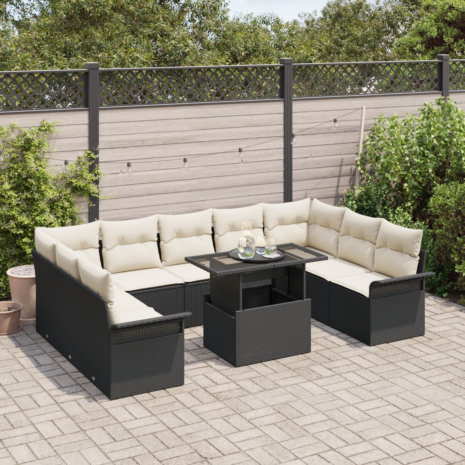 10-Delige Tuin Sofa Set Met Kussens Zwarte Poly Rattan