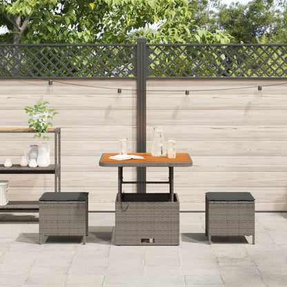 3-Delige Tuin Eetset Met Kussens Poly Rattan Acacia 80 cm Grijs 2 krukken