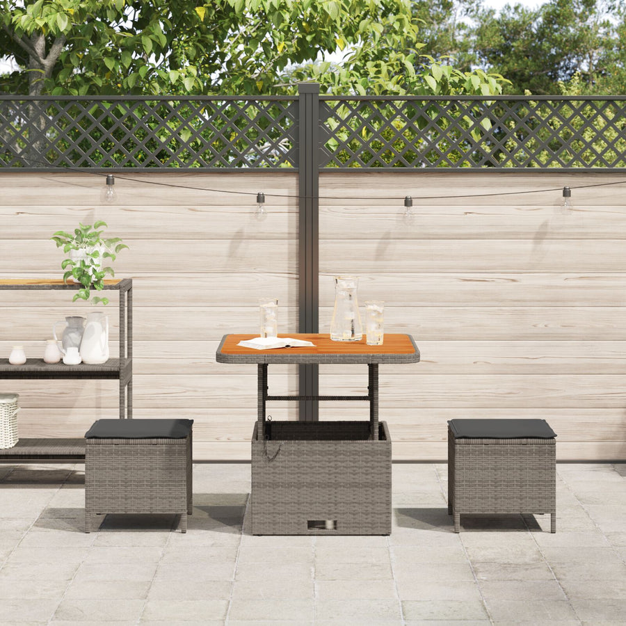 3-Delige Tuin Eetset Met Kussens Poly Rattan Acacia 80 cm Grijs 2 krukken