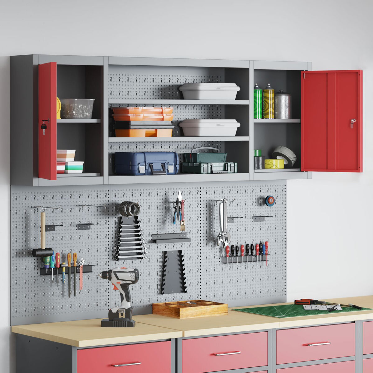 6-Delige Gereedschapskast En Pegboard Set, Wandmontage, Rode Metaal