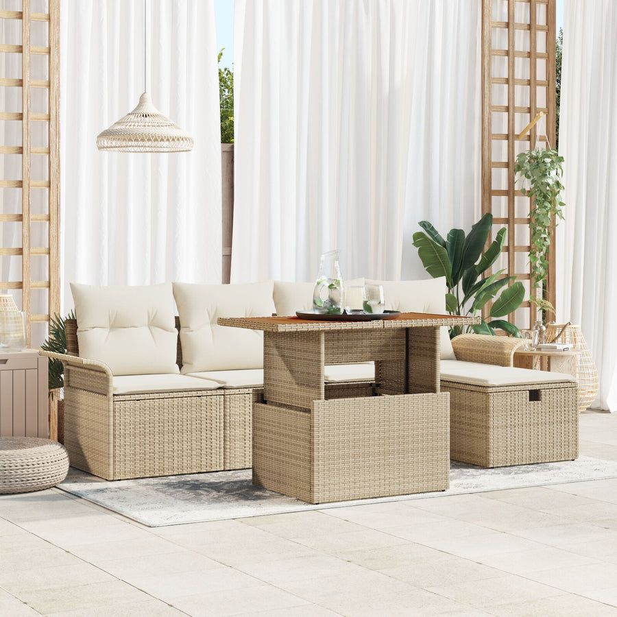 6-Delige Tuinbankset Met Kussens Beige Poly Rattan