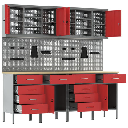 10-Delige Werkcabinet En Pegboard Set Mdf En Metaal 4x (2x84/2x85 cm) Rood 4x kast + 4x gereedschapspaneel + 2x gereedschap kast
