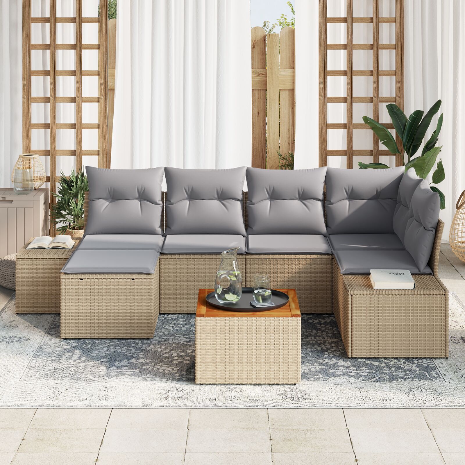 7-Delige Tuin Sofa Set Met Kussens Beige Poly Rattan Acacia