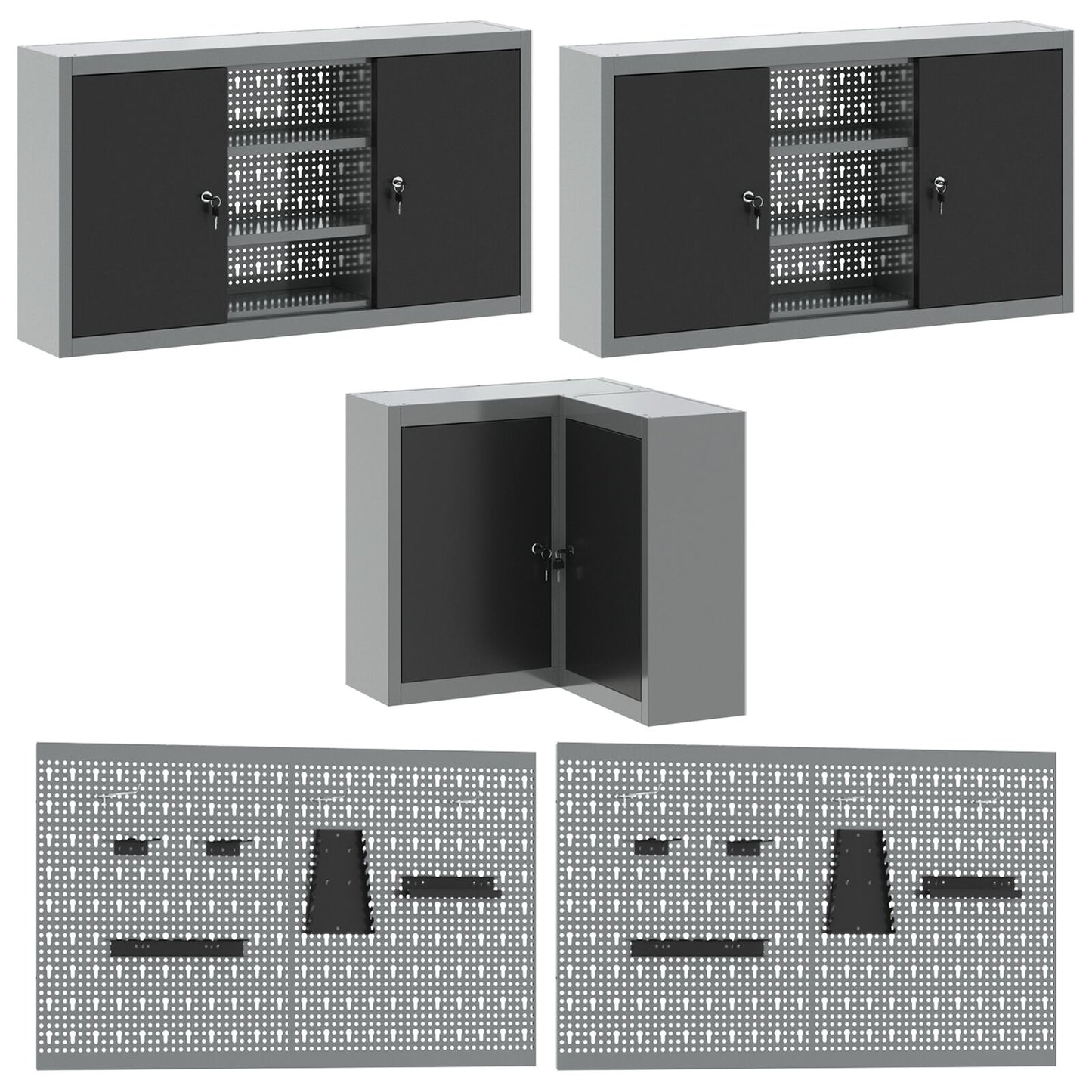 10-Delig Gereedschapsopslagtafelset Geperst Hout En Metaal 100 cm cabinet met pegboard Zwart 3x tafel + 4x cabinet + 6x pegboard