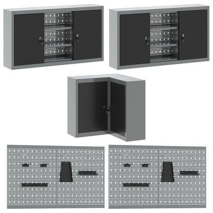10-Delig Gereedschapsopslagtafelset Geperst Hout En Metaal 100 cm cabinet met pegboard Zwart 3x tafel + 4x cabinet + 6x pegboard