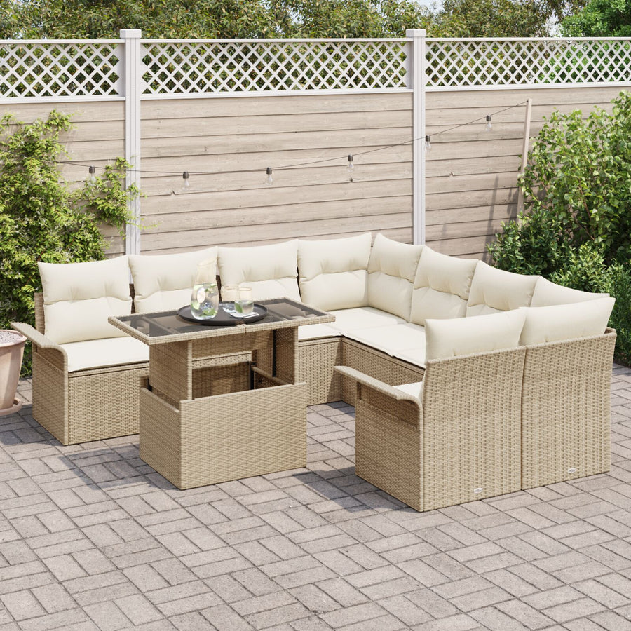 9-Delig Tuinbankstel Met Kussens Beige Poly Rattan
