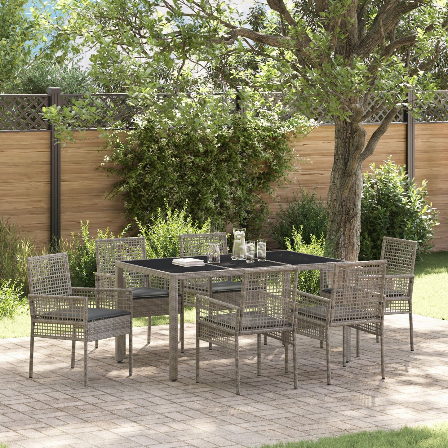 Tuin Eetset Van 7 Stukken Met Kussens Grijs Poly Rattan