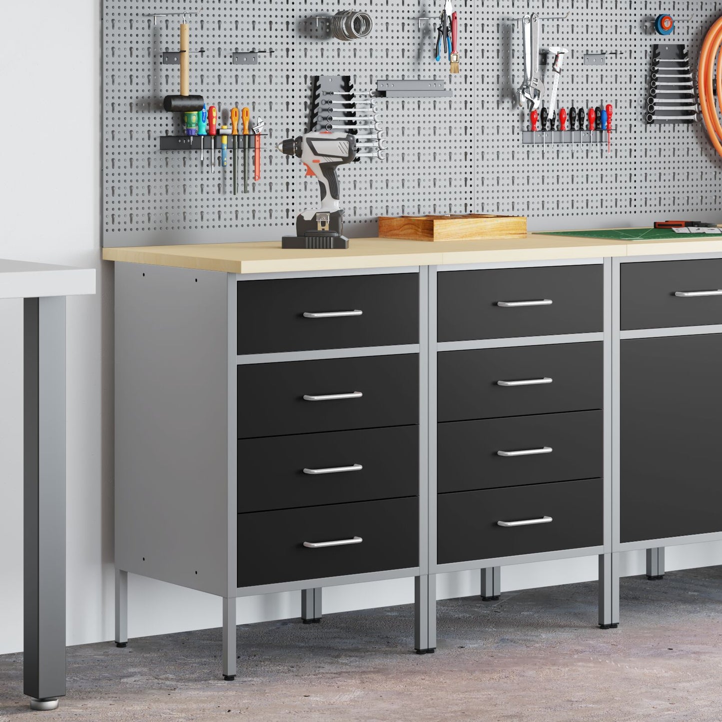 Werkbank Set Van 2 En Grijs Gengineerd Hout En Staal 2x (85 cm) Zwart 2x kast