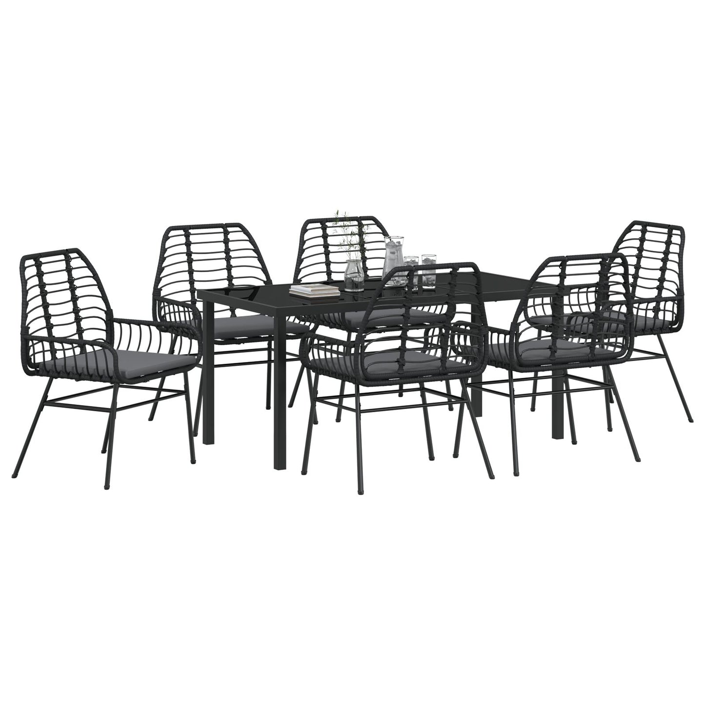 7-Delige Tuin Eetset Met Kussens Zwart Poly Rattan