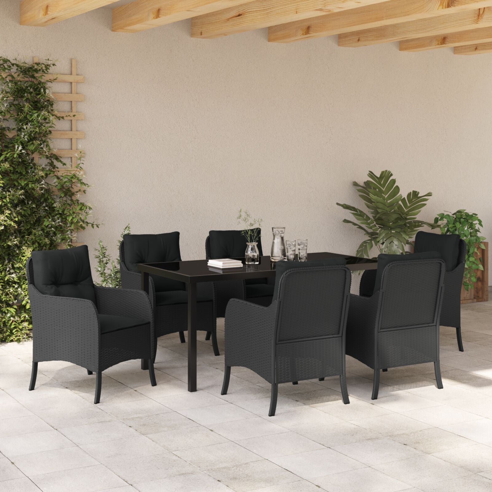 7-Delige Tuindining Set Met Kussens Zwart Poly Rattan