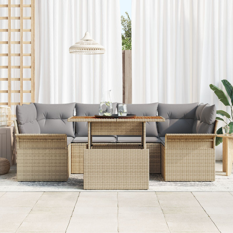 7-Delige Tuinbankset Met Kussens Beige Poly Riet Acacia