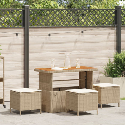 4-Delige Tuin Eetset Met Kussens Poly Rattan Acacia 110 cm Beige en crème 3 krukken