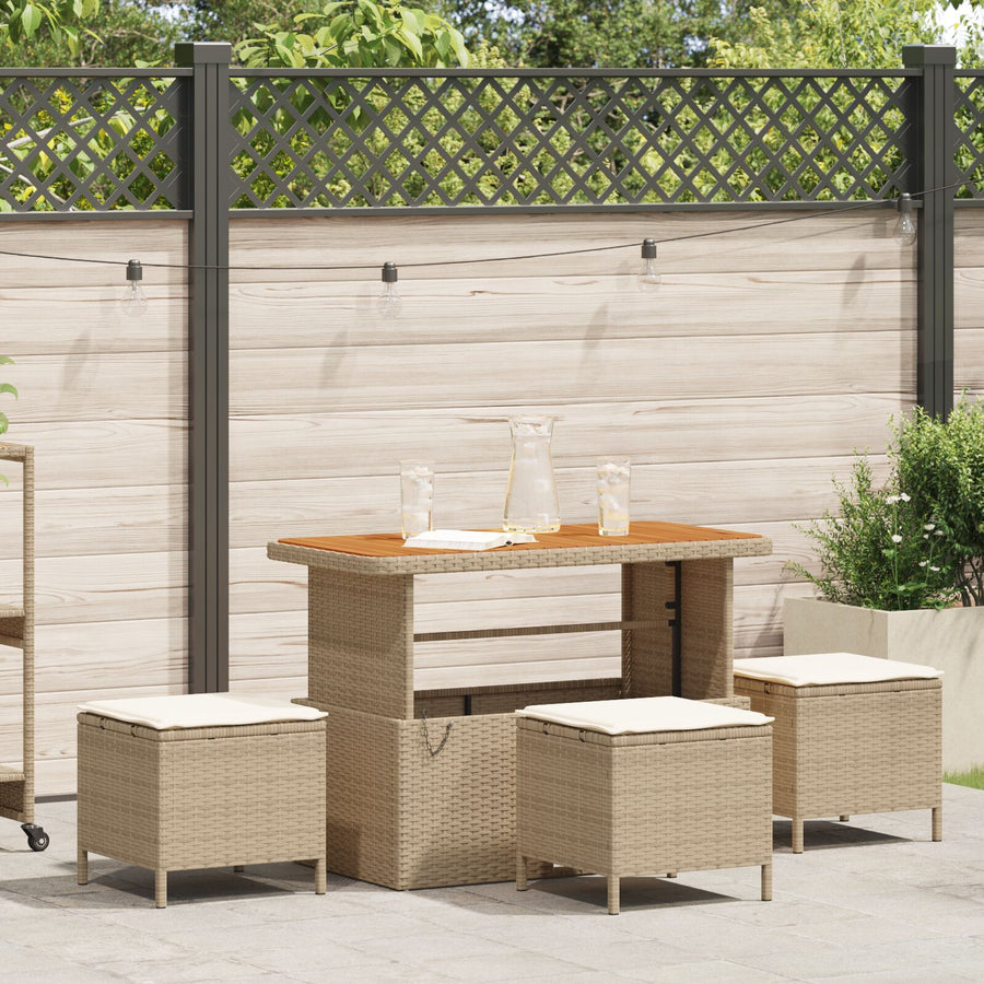 4-Delige Tuin Eetset Met Kussens Poly Rattan Acacia 110 cm Beige en crème 3 krukken