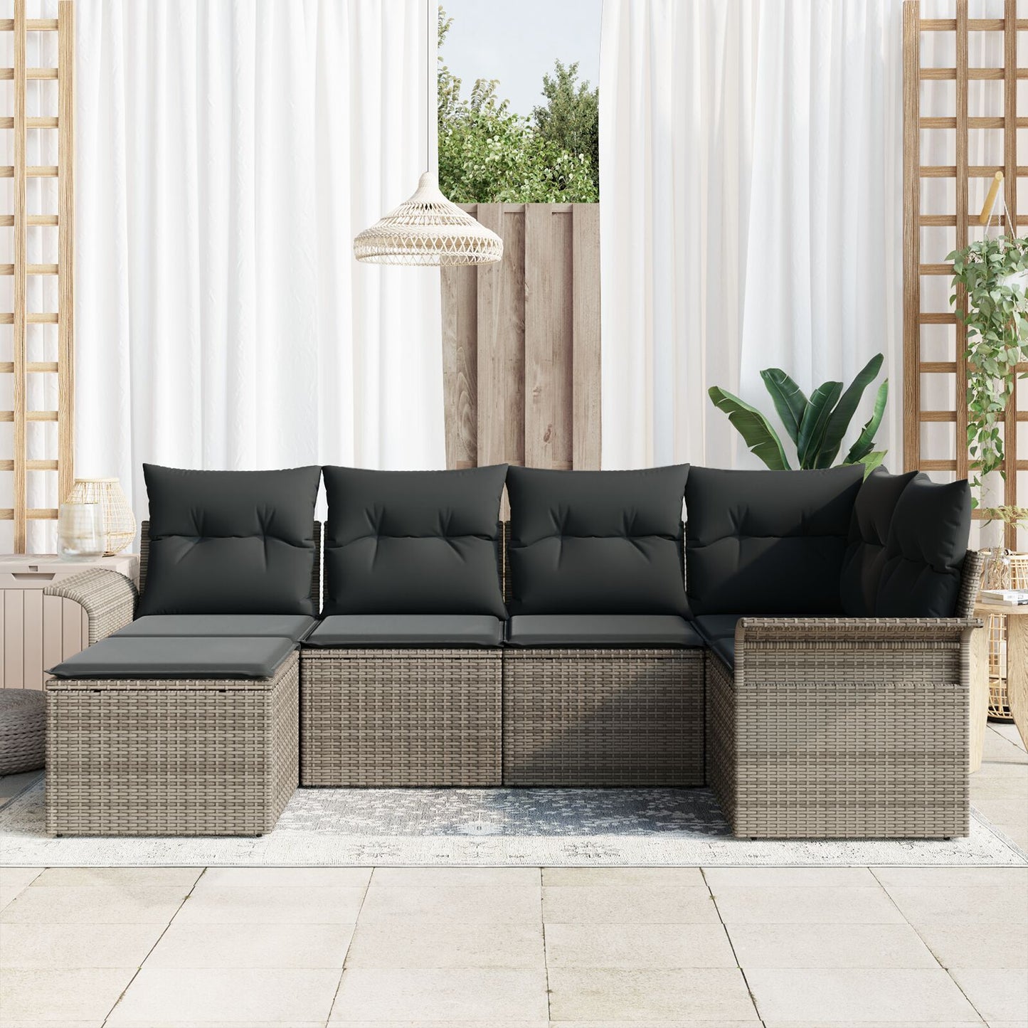 6-Delige Tuinbankset Met Kussens Grijs Poly Rattan