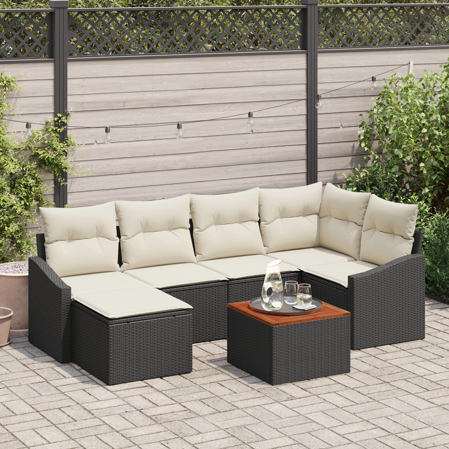 7-Delige Tuin Sofa Set Met Kussens Zwart Poly Rattan Acacia