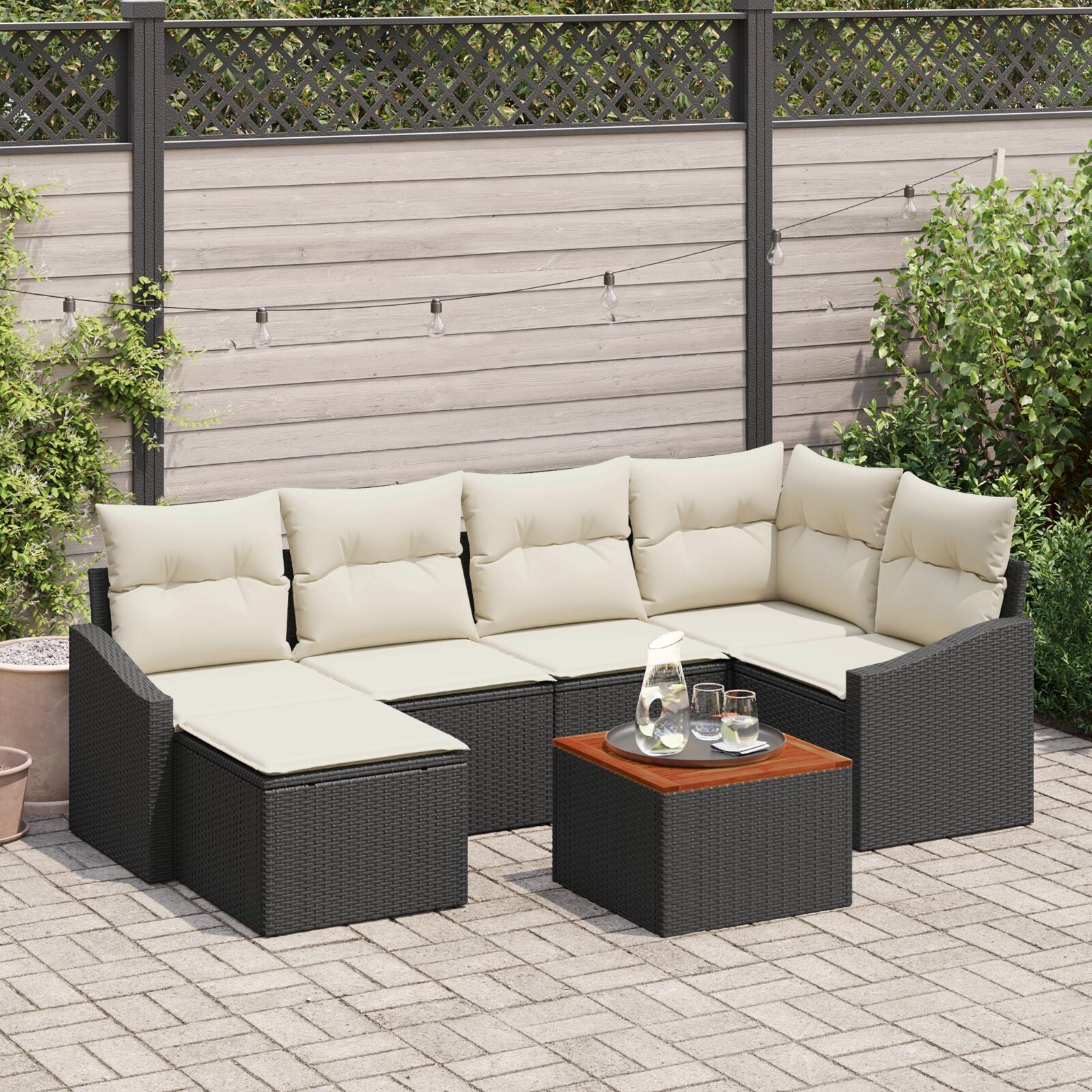 7-Delige Tuin Sofa Set Met Kussens Zwart Poly Rattan Acacia