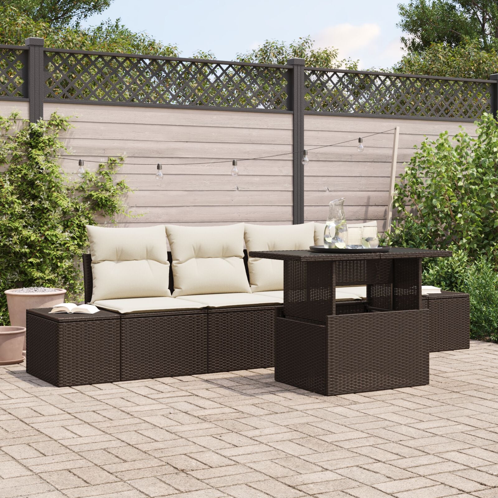5-Delige Tuinbankset Met Kussens Bruin Poly Rattan
