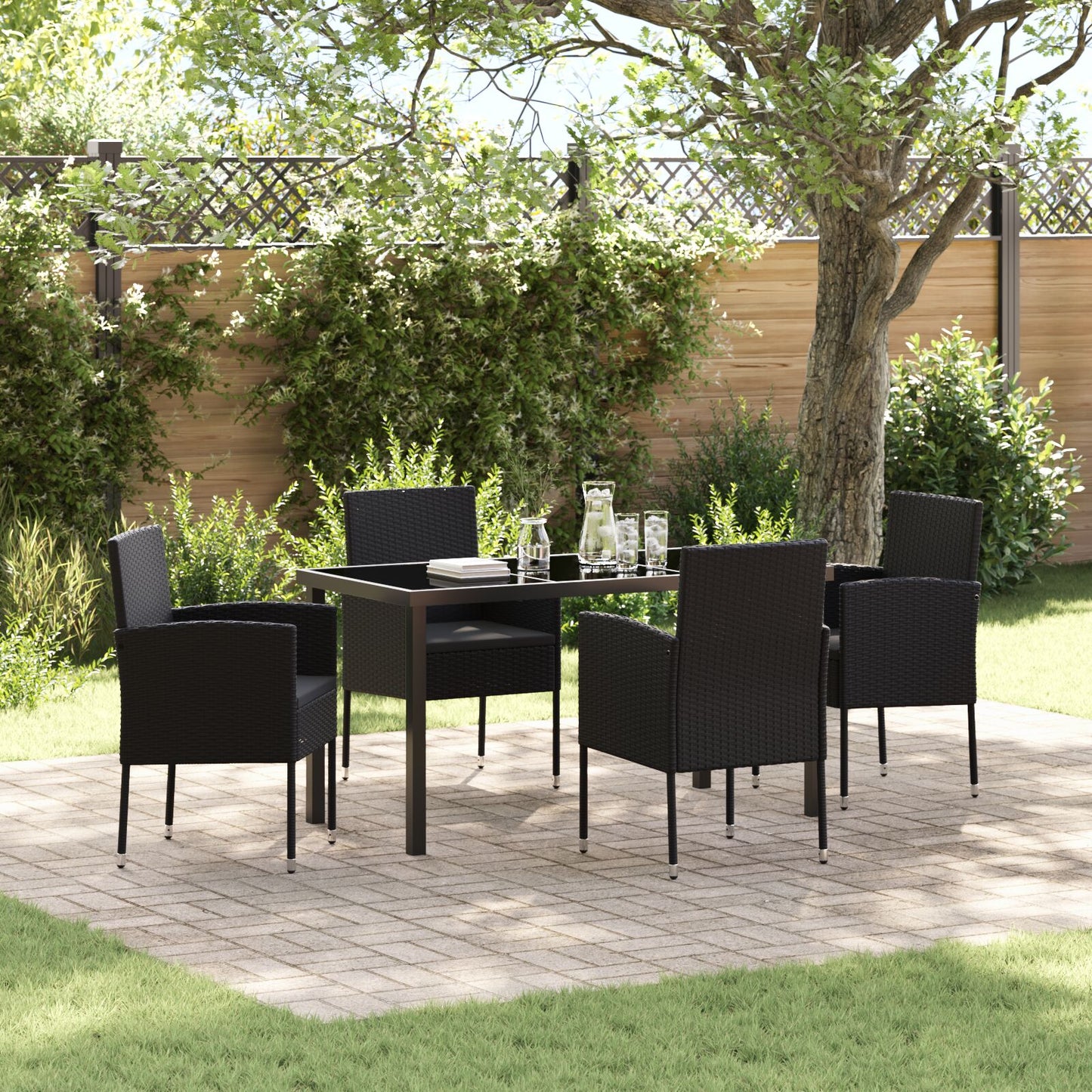 5-Delige Tuin Eetset Met Kussens Zwart Poly Rattan