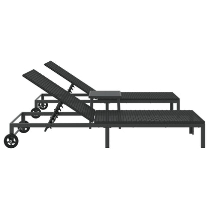 Zonnebedden 2 Stuks Met Wielen En Tafel Poly Rattan Zwart