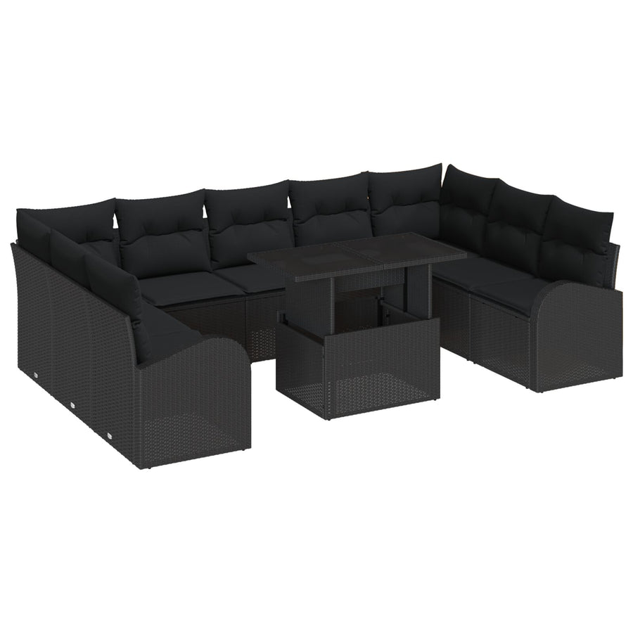 10-Delige Tuinsalonset Met Kussens Zwart Poly Rattan