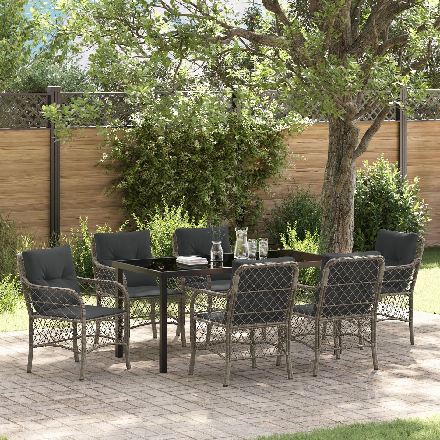 7-Delige Tuin Eetset Met Kussens Grijze Poly Rattan
