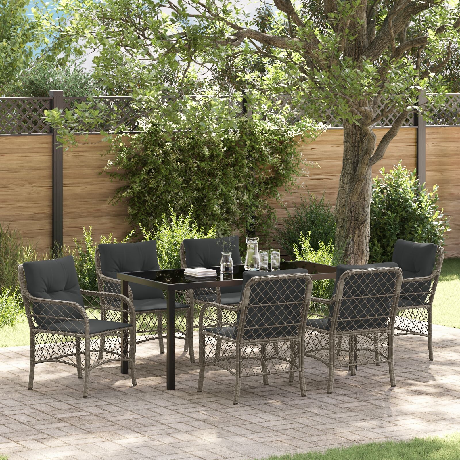 7-Delige Tuin Eetset Met Kussens Grijze Poly Rattan