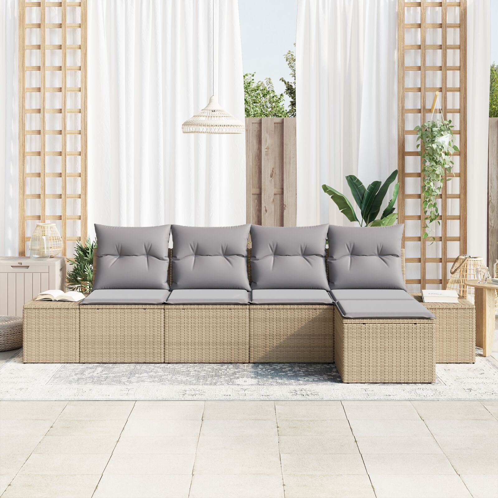 5-Delige Tuin Sofa Set Met Kussens Beige Poly Rattan