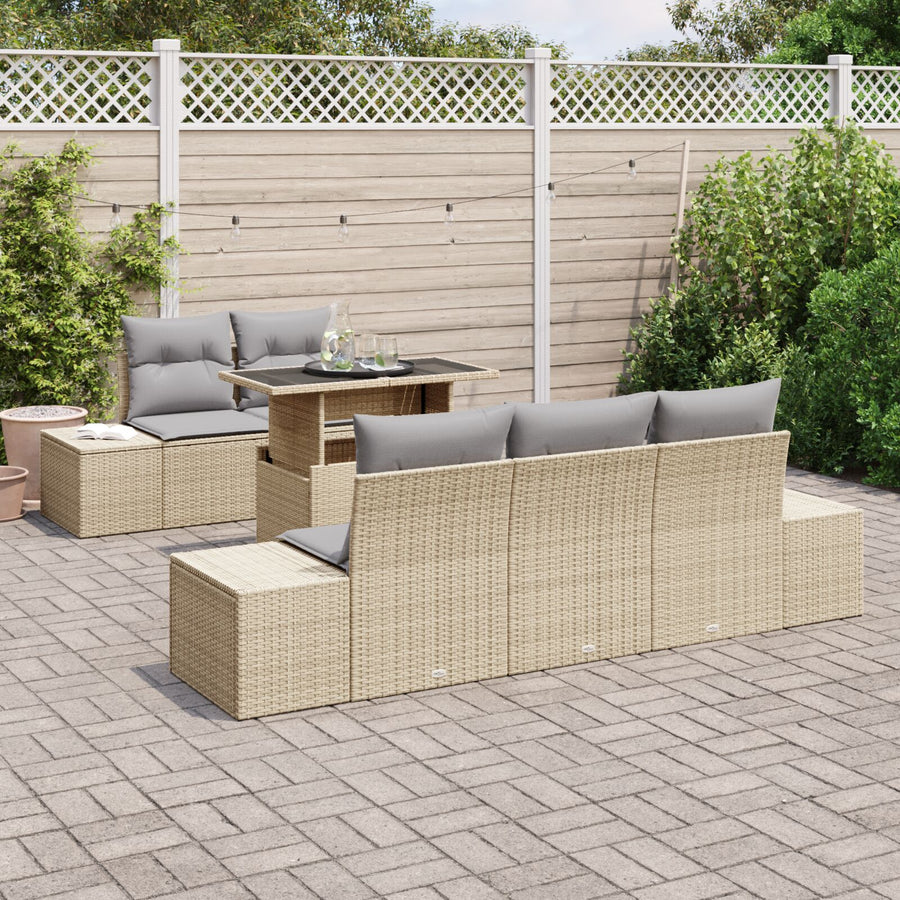 6-Delige Tuinbankset Met Kussens Beige Poly Rattan