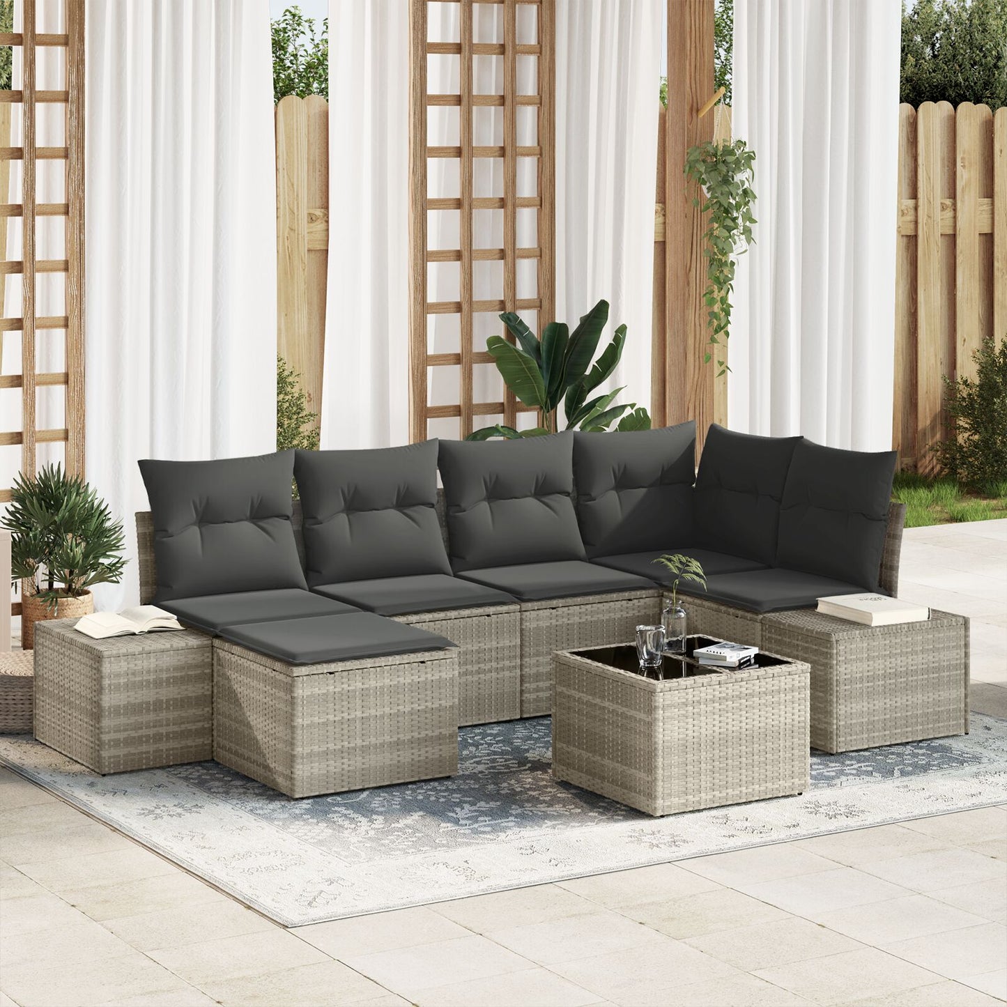 7 Delige Tuin Sofa Set Met Kussens Grijs Poly Rattan