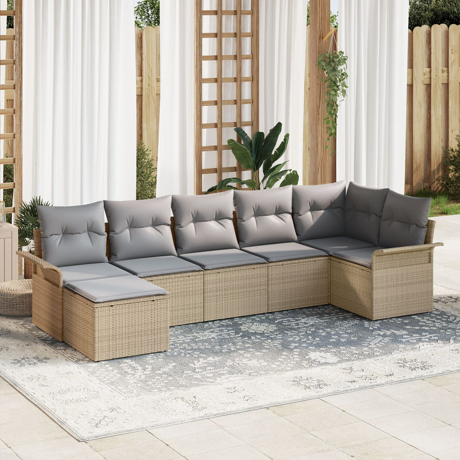 7-Delige Tuinsofaset Met Kussens Beige Poly Rattan