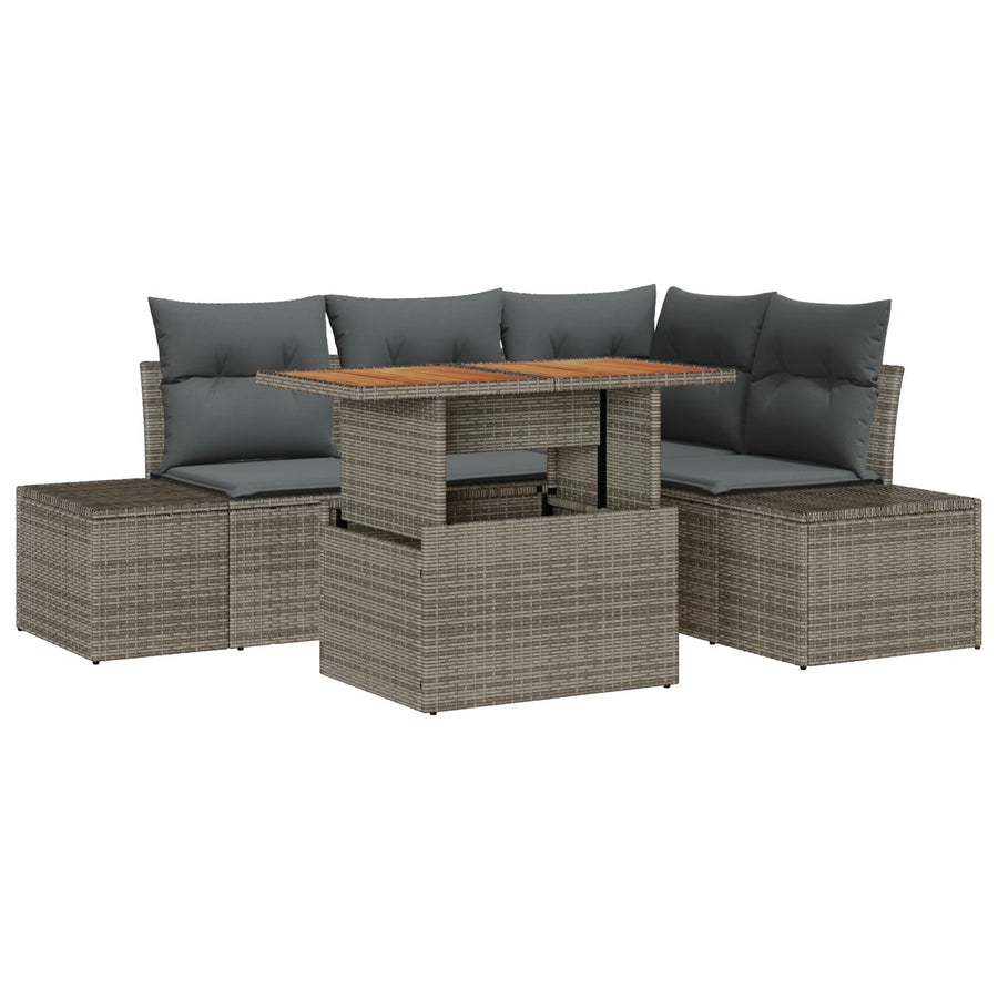 5-Delige Tuin Sofaset Met Kussens Grijs Poly Rattan