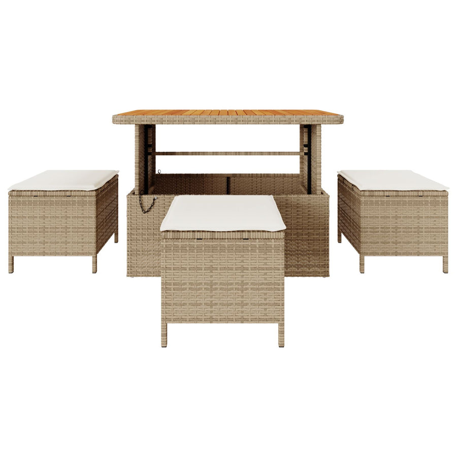 4-Delige Tuin Eetset Met Kussens Poly Rattan Acacia 110 cm Beige en crème 3 krukken