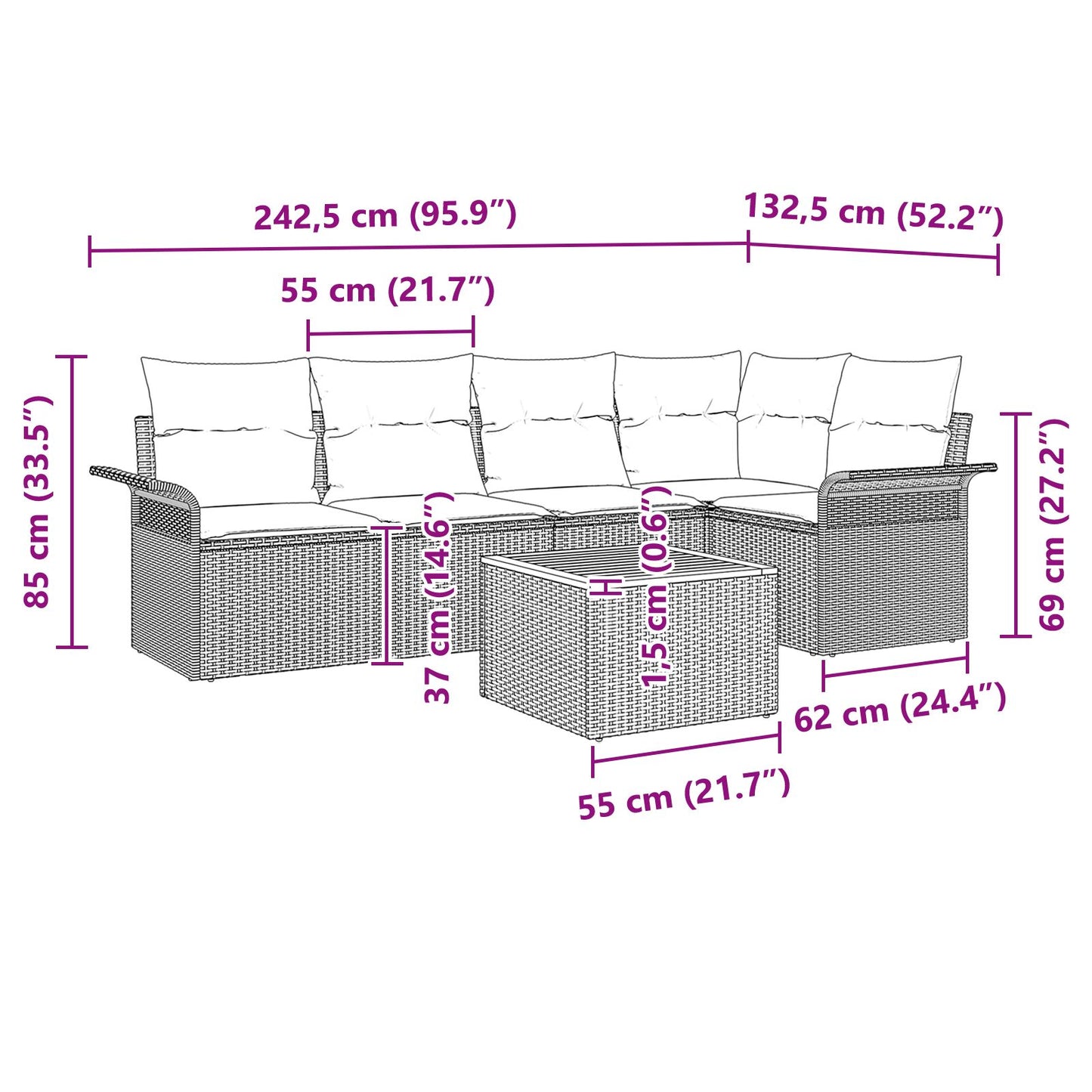 6-Delig Tuinbankstel Met Kussens Zwart Poly Rattan Acacia