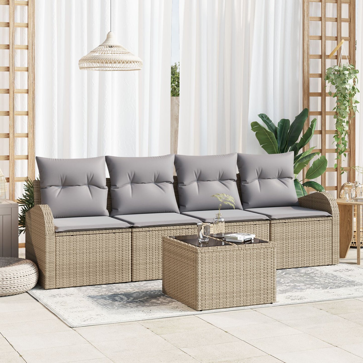 5-Delige Tuin Sofa Set Met Kussens Beige Poly Riet