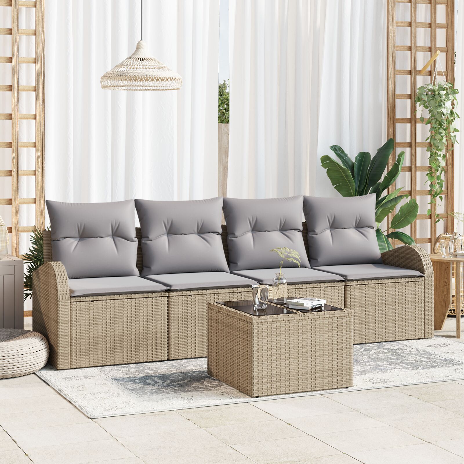 5-Delige Tuin Sofa Set Met Kussens Beige Poly Riet