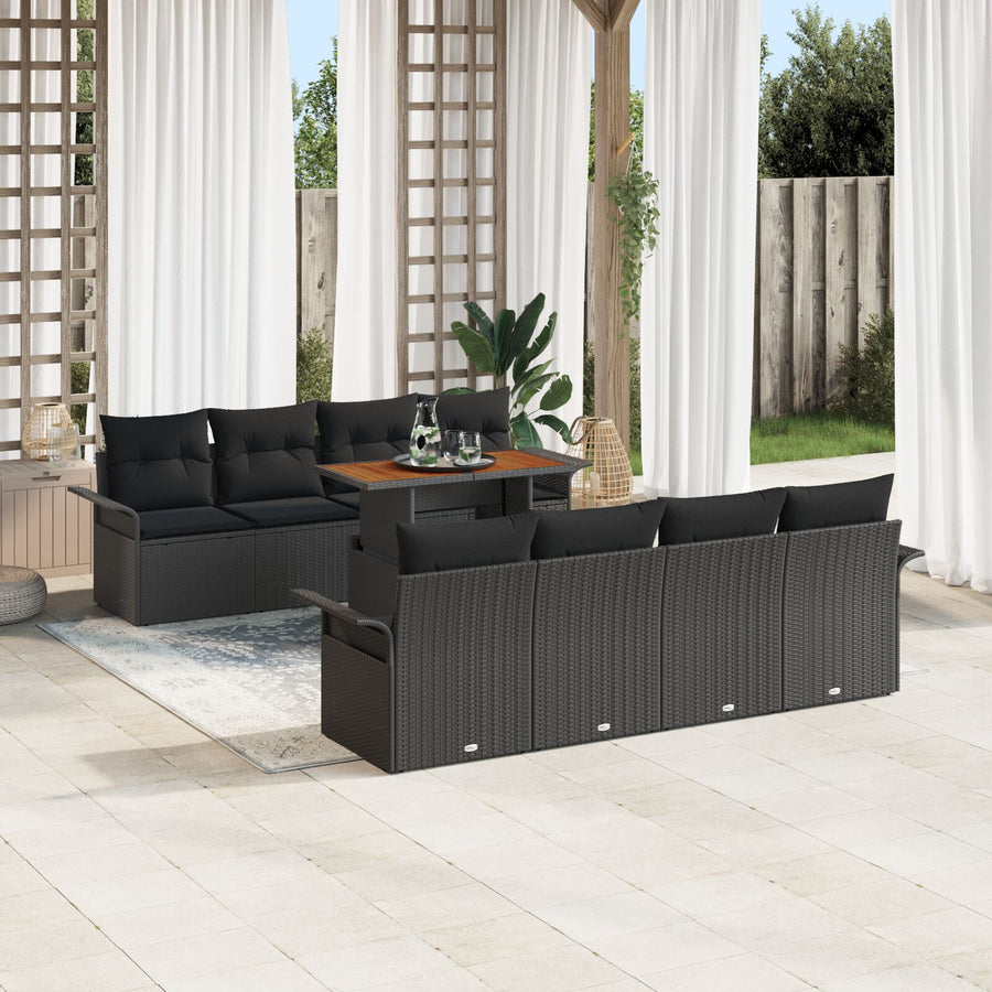 9 Delige Tuin Sofa Set Met Kussens Zwart Poly Rattan Acacia
