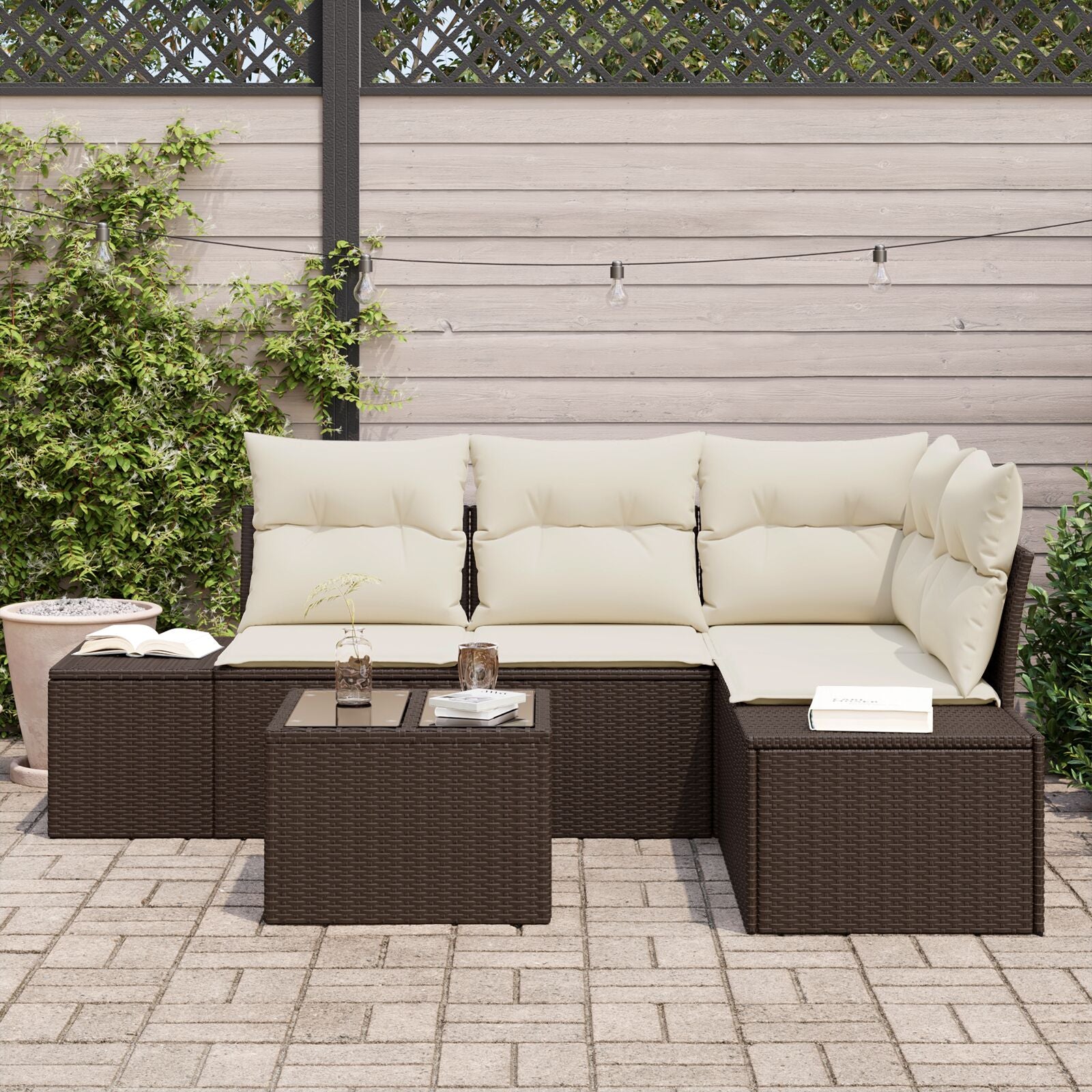 4-Delige Tuin Sofa Set Met Kussens Grijs Poly Riet Bruin en wit met tafel