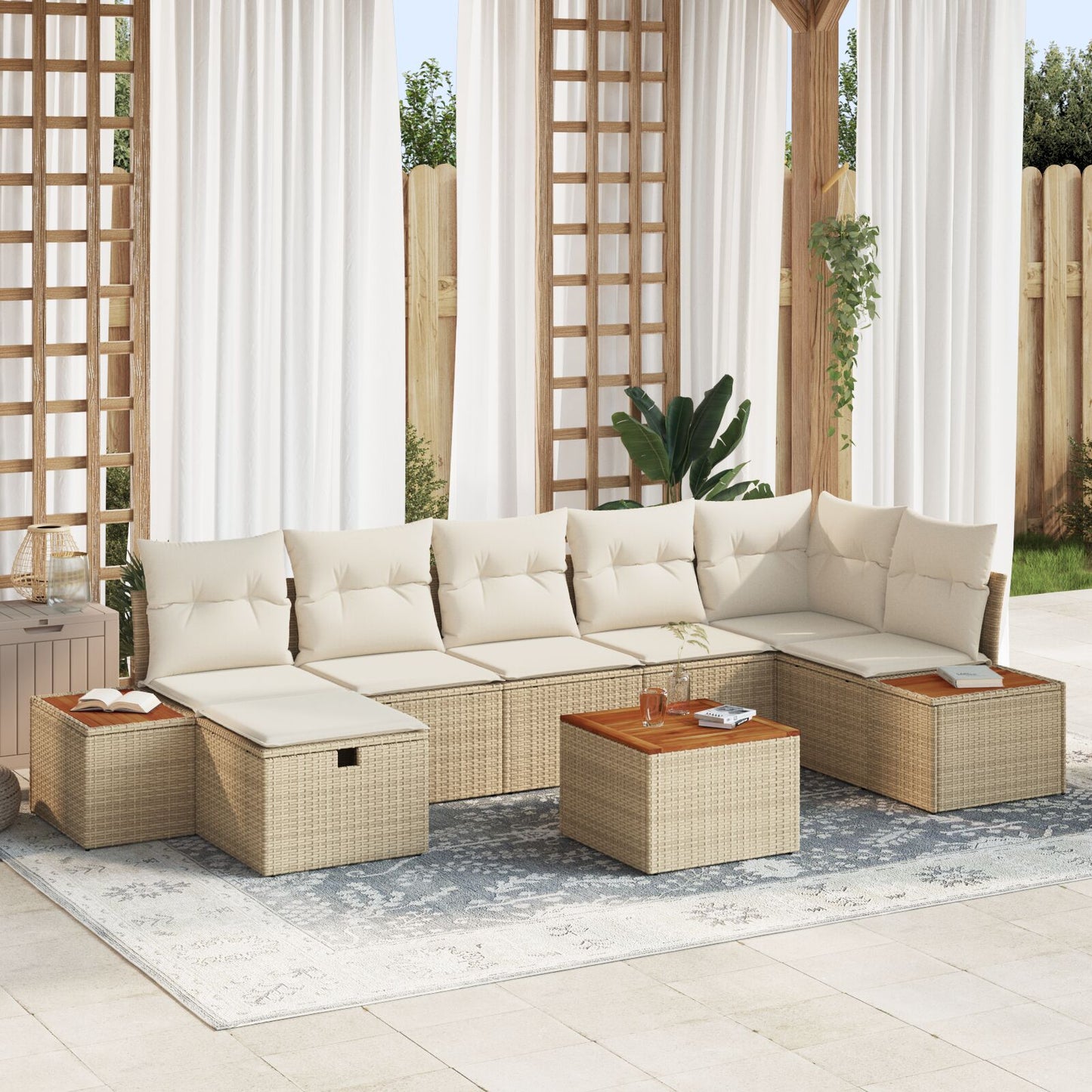 8-Delige Tuinbankset Met Kussens Beige Poly Rattan