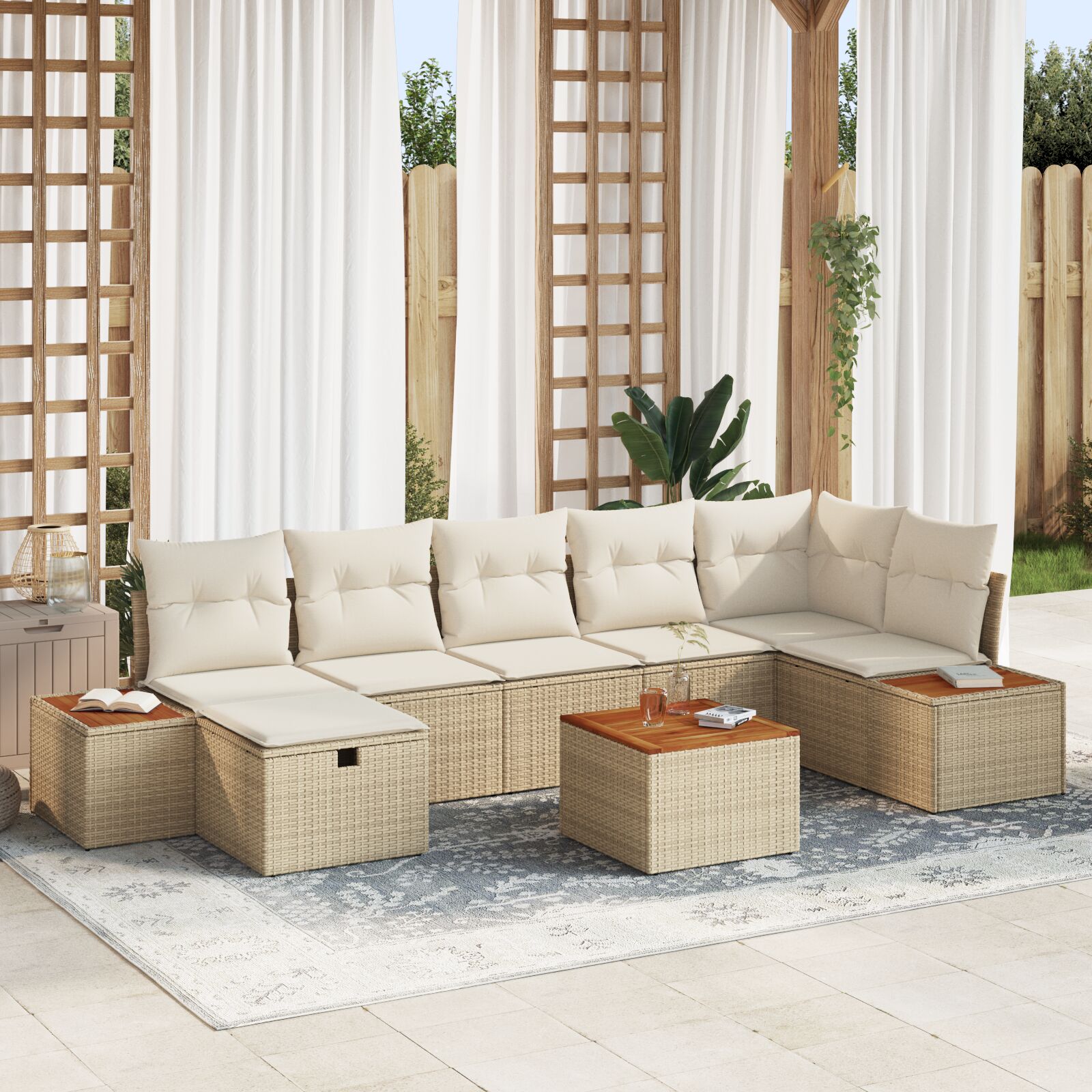 8-Delige Tuinbankset Met Kussens Beige Poly Rattan