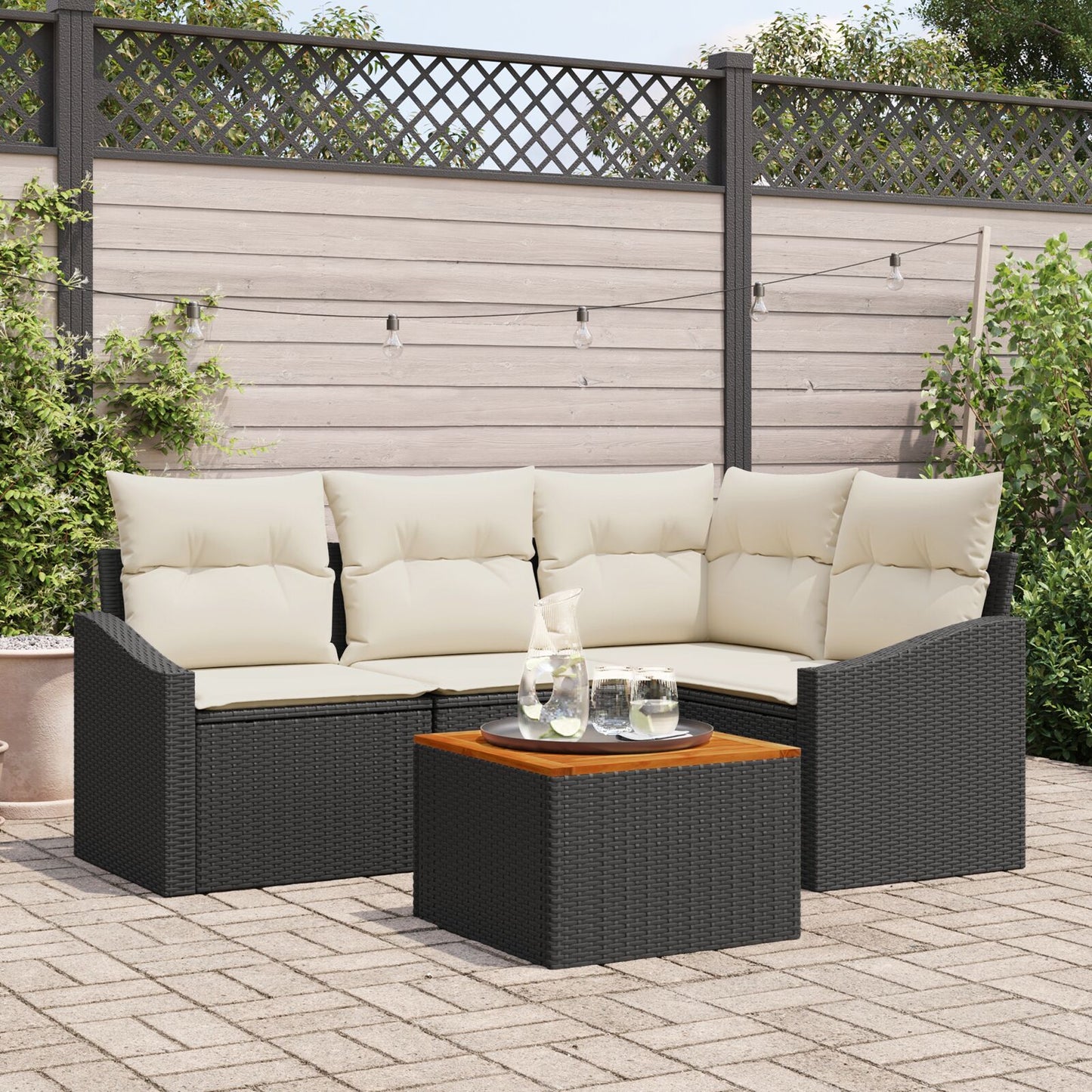 5 Delige Tuin Sofa Set Met Kussens Zwarte Poly Rattan Acacia