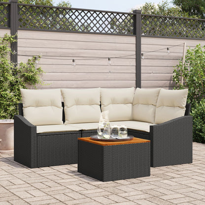 5 Delige Tuin Sofa Set Met Kussens Zwarte Poly Rattan Acacia
