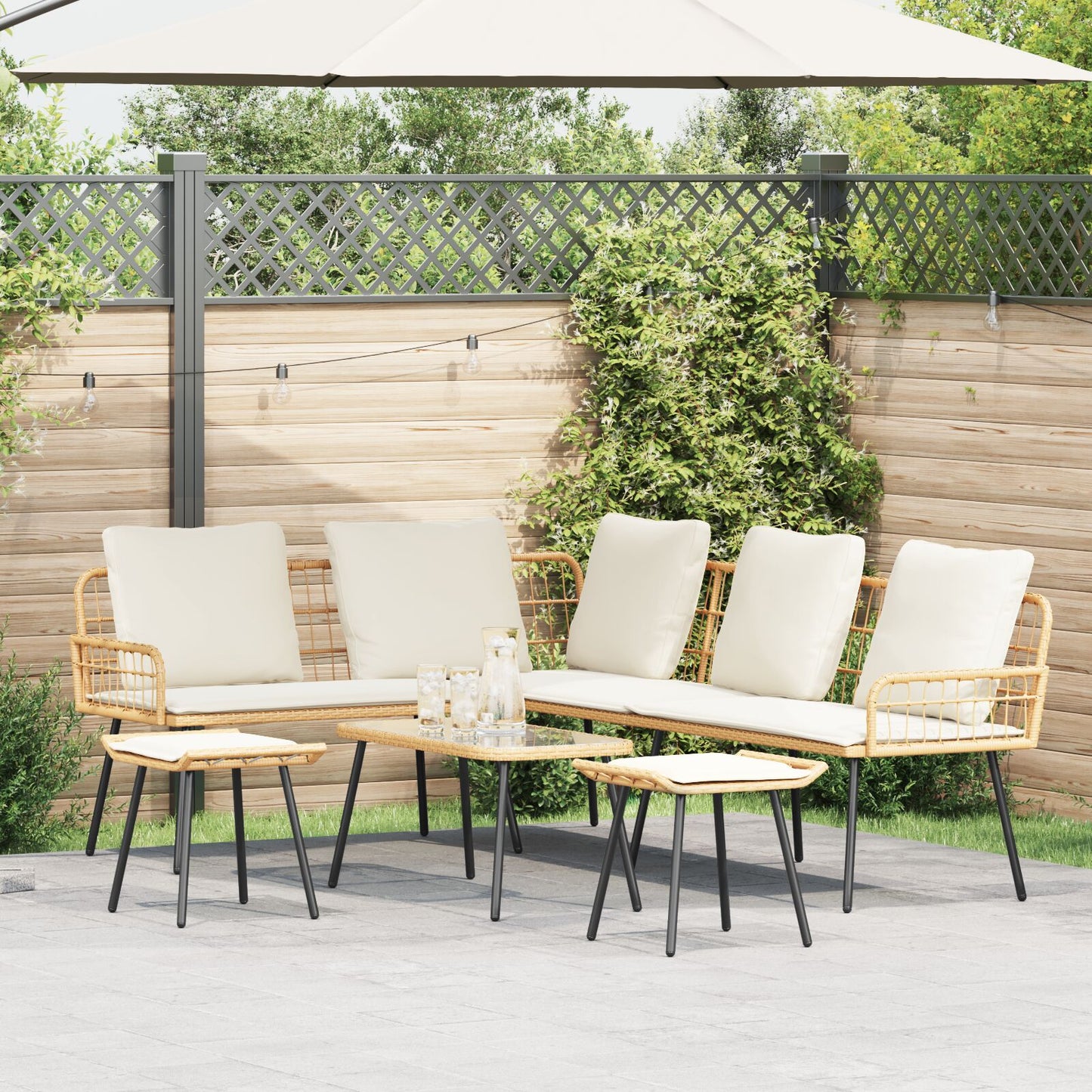 4-Delige Tuinsofa Set Met Kussens Van Poly Rattan Natuurlijk Bank + tafel + voetsteun