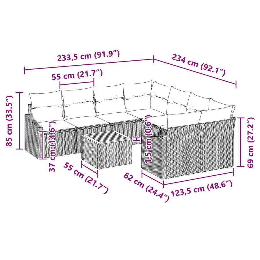 9-Delige Tuin Sofa Set Met Kussens Grijs Poly Rattan Acacia