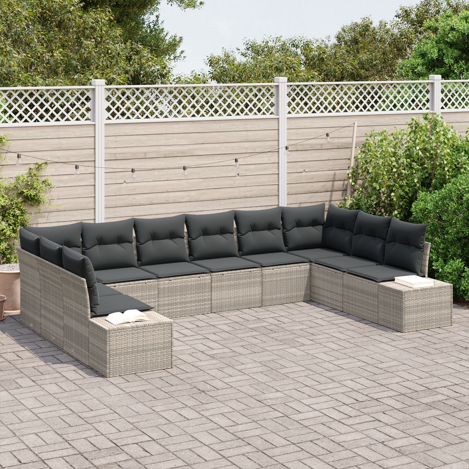 10-Delige Tuinbankset Met Kussens Lichtgrijs Poly Rattan