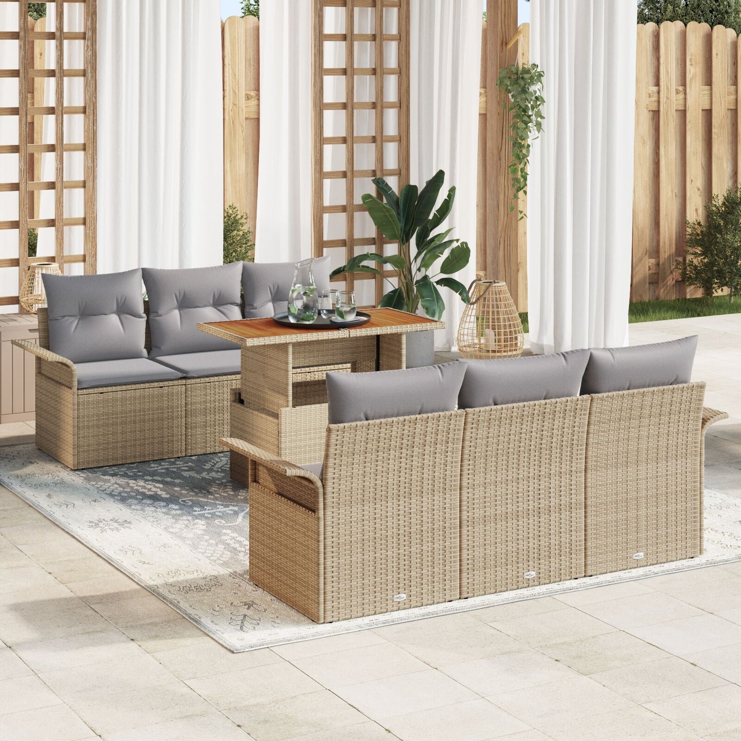 7-Delige Tuinbank Set Met Kussens Beige Poly Rattan Acacia