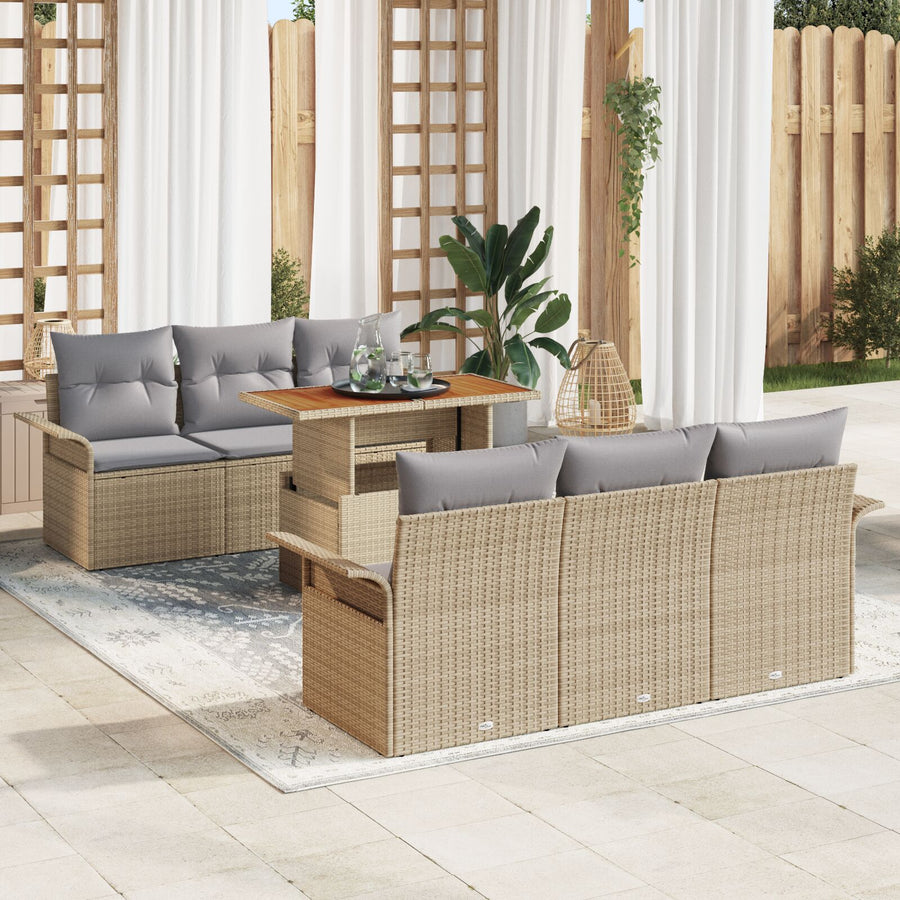 7-Delige Tuinbank Set Met Kussens Beige Poly Rattan Acacia