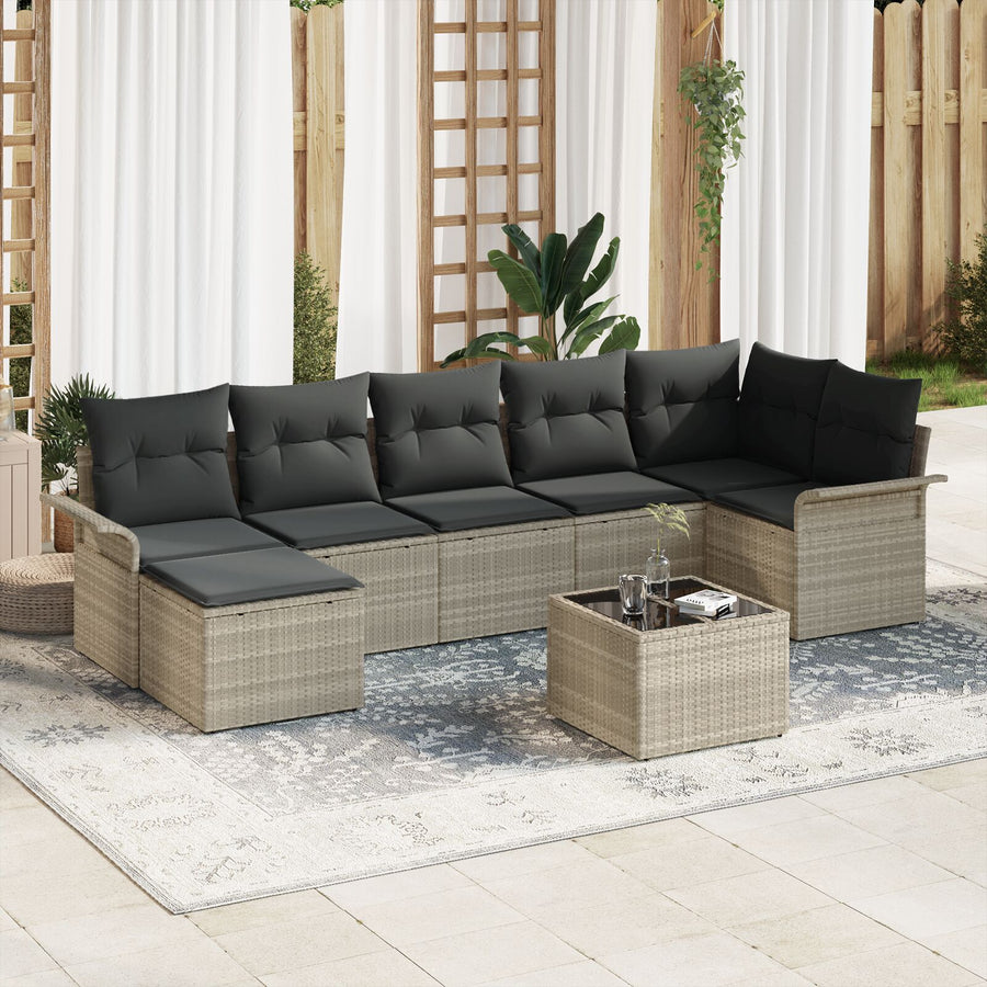 8-Delige Tuinbankset Met Kussens Grijs Poly Rattan