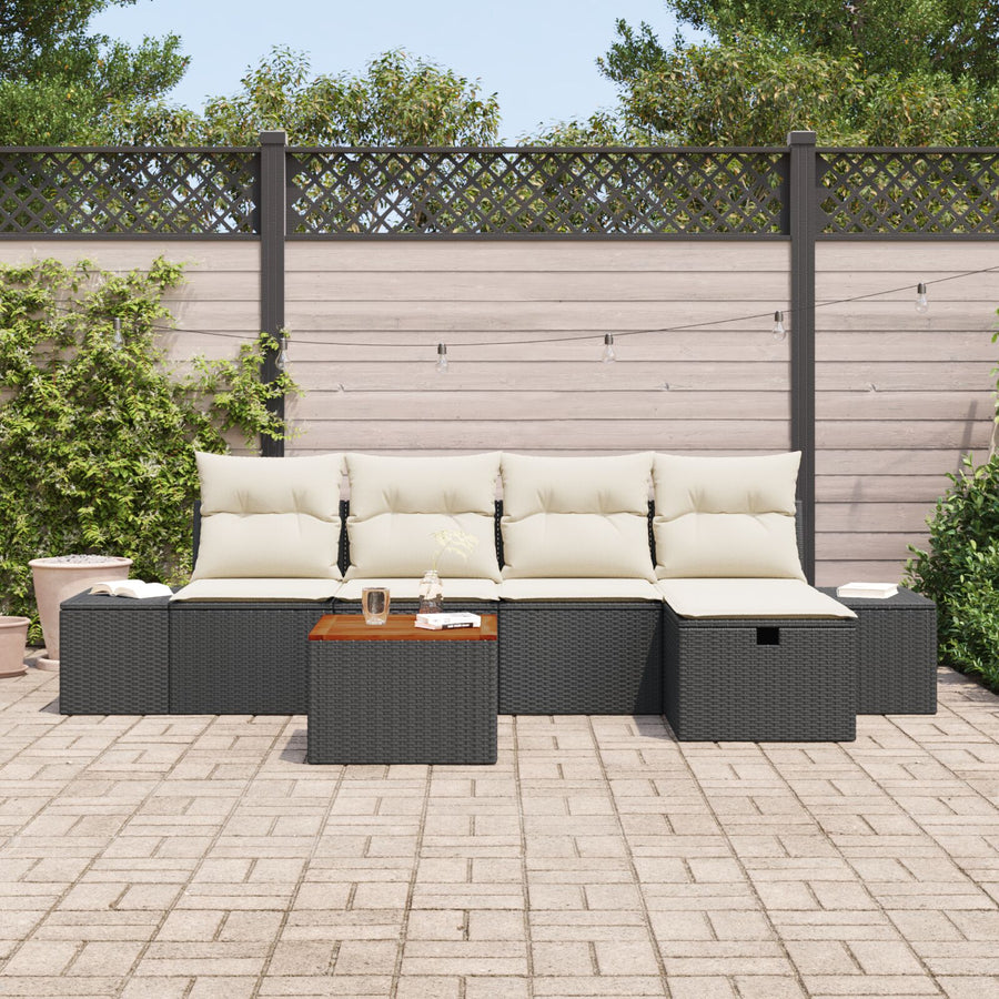 Tuin Sofa Set Set Van 6 Beige En Zwart Rattan, Polyester Kussens Wit