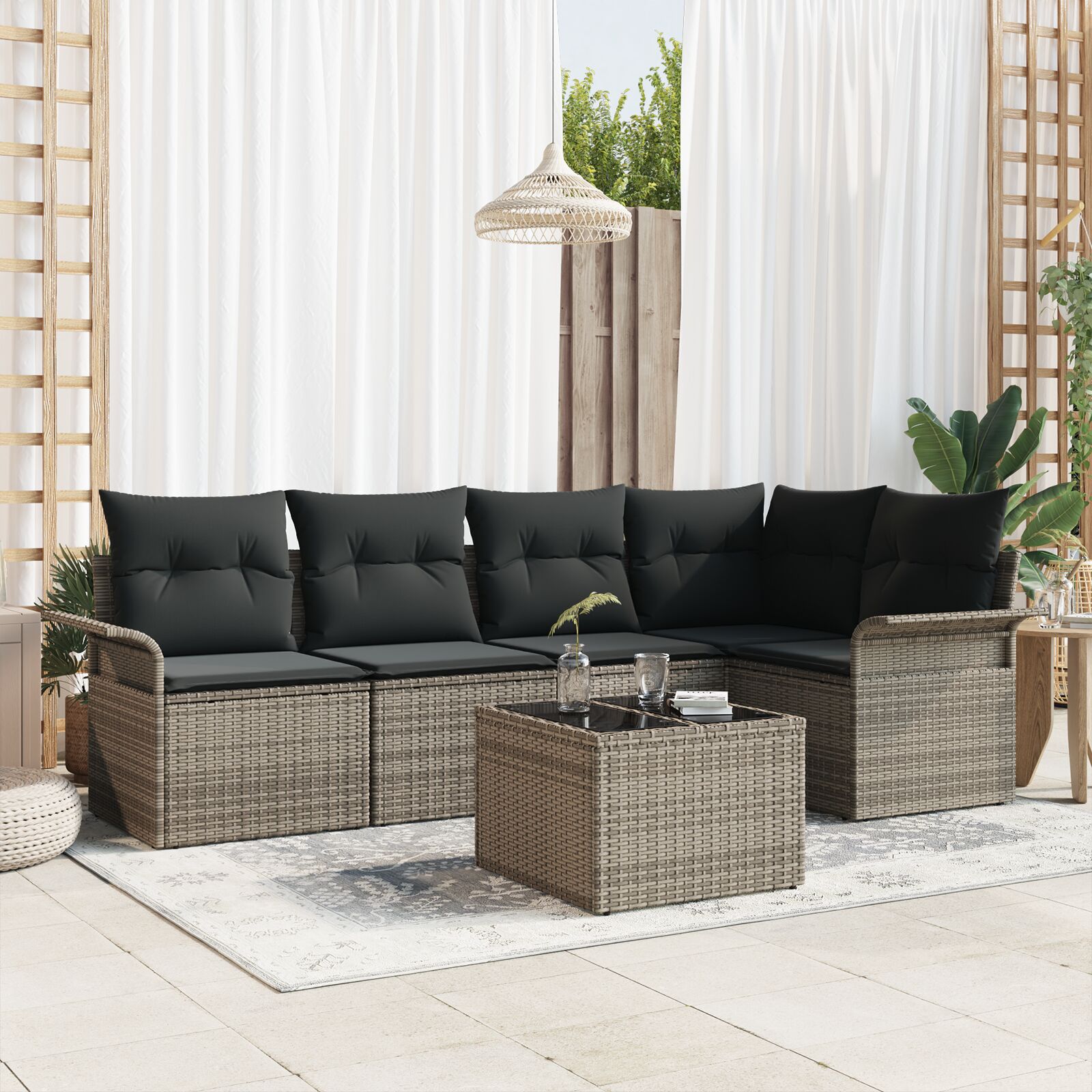 5-Delige Tuin Sofa Set Met Kussens Zwart Poly Rattan