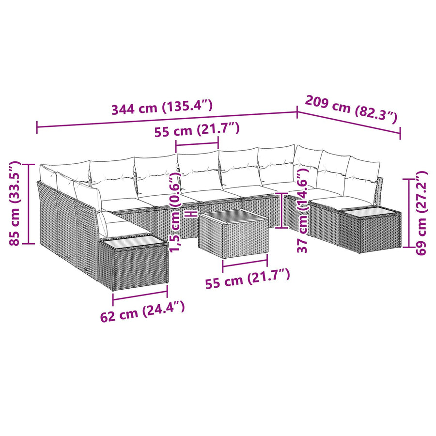 11-Delige Tuinbank Set Met Kussens Zwart Poly Rattan Acacia